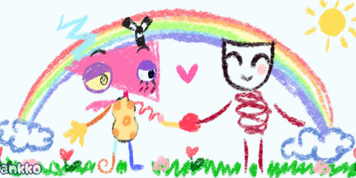 ambiguous_gender antennae_(anatomy) black_eyes blush blush_lines cloud duo eyebrows eyelashes eyes_closed female flower grass hand_holding heart_symbol mask one_wing pink_wing plant rainbow ribbons spiral spiral_eyes sun toy yellow_sclera pankk0 glitch_productions the_amazing_digital_circus gangle_(tadc) zooble_(tadc) animate_inanimate humanoid living_mask living_toy hi_res watermark nonbinary_(lore)
