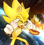 anthro clothing food fur gloves handwear hot_dog levitation male open_mouth solo super_form yellow_body yellow_fur jamoart levitating_pizza sega sonic_the_hedgehog_(series) super_sonic eulipotyphlan hedgehog mammal 2022 absurd_res hi_res meme