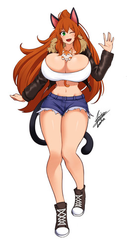 between_breasts big_breasts bomber_jacket bottomwear breasts cleavage clothed clothing denim denim_bottomwear denim_clothing denim_shorts duo female feral footwear green_eyes hair huge_breasts jacket long_hair midriff navel one_eye_closed orange_hair shoes shorts simple_background tail topwear white_background wink airisubaka animal_humanoid cat_humanoid domestic_cat felid felid_humanoid feline feline_humanoid felis humanoid mammal mammal_humanoid 2020 absurd_res hi_res