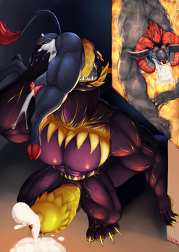 4_eyes after_sex anal anal_fingering big_muscles big_pecs big_penis bodily_fluids claws cum cum_from_ass cum_from_mouth cum_in_ass cum_in_mouth cum_inside cum_on_ground cum_on_hand cumshot duo ejaculation erection facial_piercing fingering genital_fluids genitals grabbing_wall horn internal male male/male multi_eye muscular muscular_male neck_bulge nose_piercing oral_vore pecs penetration penis piercing saliva size_difference tail teeth tongue tongue_out unusual_anatomy unusual_genitalia unusual_penis vein veiny_muscles veiny_penis vore ebt34 azamoth hunger_(symbiote) bovid caprine mammal sheep symbiote absurd_res hi_res