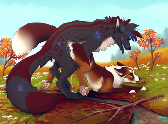 4_toes ambiguous_penetration anthro ass_up autumn_leaves back_markings bioluminescence black_body black_fur black_inner_ear_fluff black_nose black_sclera blue_eyes blue_markings bodily_fluids brown_body brown_ears brown_fur claws countershade_torso countershading cum cum_drip cum_inside cum_on_ground day detailed_background dipstick_ears dipstick_tail dripping duo ear_markings facial_markings feet female female_feral female_penetrated feral feral_on_feral feral_penetrated feral_penetrating feral_penetrating_feral fingerless_(marking) from_behind_position fur genital_fluids glowing glowing_markings grass head_horn head_markings horn inner_ear_fluff leopard_spots long_tail male male/female male_feral male_penetrating male_penetrating_female mane markings mating_grip mottled mottled_body mottled_fur mounting multicolored_ears nature obscured_penetration outside outside_sex pawpads paws penetration penile penile_penetration plant red_body red_ear_tips red_eyes red_fur red_markings red_spots red_tail_tip saliva saliva_drip sex sky small_horn spots stick striped_back striped_body striped_fur striped_markings stripes tail tail_markings toe_claws toeless_(marking) toes tongue tongue_out tuft white_body white_countershading white_fur white_inner_ear_fluff white_tail_tip white_toes sakemanni canid canine canis domestic_dog mammal 2023 digital_media_(artwork) hi_res
