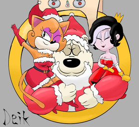 anthro beard christmas_clothing christmas_headwear clothing costume eyes_closed facial_hair fake_beard female fur gloves group handwear hat headgear headwear holidays male one_eye_closed red_clothing red_gloves red_handwear santa_costume santa_hat size_difference smile smiling_at_viewer tail trio white_body white_fur ugly-rat15508 acecraft christmas elsa_(acecraft) scott_(acecraft) summer_(acecraft) bear domestic_cat felid feline felis mammal ursine hi_res