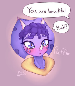 anthro blush clothed clothed_anthro clothed_female clothing dialogue facial_horn female flustered front_view hair heart_symbol hoodie horn looking_at_viewer markings offscreen_character purple_body purple_eyes purple_hair short_hair simple_background solo spots spotted_markings surprised talking_to_viewer text topwear yellow_clothing yellow_hoodie yellow_topwear alexsavenije goodbye_volcano_high ko_op_(game_developer) trish_(gvh) ceratopsian ceratopsid chasmosaurine dinosaur marginocephalian ornithischian prehistoric_species reptile scalie triceratops artist_name colored english_text headshot_portrait hi_res portrait shaded