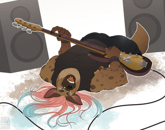 anthro armpit_hair bass_guitar biped body_hair claws clothed clothing electric_guitar finger_claws guitar hair lying male muscular muscular_anthro muscular_male musical_instrument on_back open_mouth piercing plucked_string_instrument simple_background speaker string_instrument teeth soradezwolfox fender_musical_instruments_corporation precision_bass tex_(akumukradnox) hyena mammal 2023 digital_drawing_(artwork) digital_media_(artwork) hi_res
