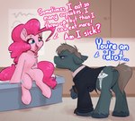 blue_eyes brown_hair chest_tuft clothing cutie_mark dialogue duo female feral hair hooves male pink_body pink_hair ponification suit text tuft witchtaunter friendship_is_magic hasbro house.m.d. my_little_pony gregory_house pinkie_pie_(mlp) earth_pony equid equine horse mammal pony absurd_res english_text hi_res