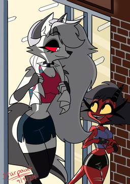 absolute_territory after_exercise anthro athletic_wear black_hair bottomwear breasts brick_building building choker clothed clothed_anthro clothed_female clothed_humanoid clothing digitigrade duo eye_contact eyelashes female fur grey_body grey_fur hair horn jewelry larger_anthro legs_together legwear long_eyelashes long_hair looking_at_another midriff necklace night notched_ear outside pink_clothing pink_topwear pupils purple_clothing purple_topwear red_body red_sclera red_skin shorts size_difference slit_pupils small_waist tail teeth thigh_highs tooth_gap topwear towel white_body white_eyes white_fur white_hair wide_hips yellow_sclera starpaintart hellaverse helluva_boss mythology loona_(helluva_boss) millie_(helluva_boss) canid canid_demon canine demon hellhound humanoid imp mammal mythological_canine mythological_creature 2024 absurd_res hi_res
