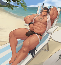 abs barazoku beach beach_chair beard biceps big_muscles brown_hair bulge clothed clothing detailed_bulge eyes_closed facial_hair genital_outline hair horn jewelry jockstrap male muscular muscular_male necklace nipples pecs penis_outline quads solo tail topwear underwear vest xianyusamuel arknights hypergryph studio_montagne matterhorn_(arknights) animal_humanoid bovid bovid_humanoid bovine bovine_humanoid cattle_humanoid humanoid mammal mammal_humanoid hi_res