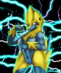 anthro anthrofied biped breasts female genitals looking_at_viewer nipples nude pokemorph pussy red_eyes solo standing redimplight nintendo pokemon generation_3_pokemon manectric pokemon_(species) digital_media_(artwork)