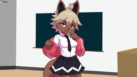 anthro bottomwear brown_body brown_fur chalkboard clothing collared_shirt fangs female fur hair necktie shirt skirt solo teeth topwear track_jacket white_hair yellow_eyes voider_(artist) bully_fox_(robbie) canid canine fox mammal hi_res wallpaper