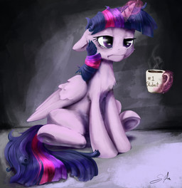 beverage coffee container cup feathered_wings feathers female feral food fur grumpy hair horn multicolored_hair purple_body purple_feathers purple_fur purple_hair solo text two_tone_hair wings silfoe friendship_is_magic hasbro my_little_pony mythology twilight_sparkle_(mlp) equid equine mammal mythological_creature mythological_equine winged_unicorn 2015 absurd_res english_text hi_res