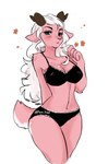 anthro black_bra black_clothing black_panties black_underwear blue_eyes blush bra clothed clothing female flower fur hair looking_at_viewer panties pink_body pink_fur pink_wool plant solo underwear underwear_only white_hair wool_(fur) fumonpaw terra_abani bovid caprine mammal sheep