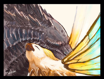 antennae_(anatomy) black_body black_scales cuddling duo eyes_closed female fur male scales simple_background spikes wings maruhana godzilla_(series) monsterverse mothra_(series) toho godzilla mothra arthropod insect kaiju lepidopteran lizard monster moth reptile scalie digital_media_(artwork) hi_res