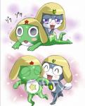 ambiguous_gender anthro blush clothing duo eyes_closed hat headgear headwear lotion rubbing text tamama-island sgt._frog keroro tamama amphibian keronian