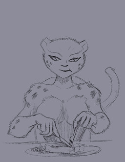 5_fingers anthro arm_tuft arms_bent beef breasts chair cheek_tuft curved_eyebrows cutlery eating eating_food eating_meat eating_steak elbow_tuft eyebrows eyelashes facial_tuft featureless_breasts female fingers food fork front_view fur fur_tuft furniture head_tuft holding_fork holding_knife holding_object holding_tool holding_utensil humanoid_hands iris kitchen_utensils knife looking_at_viewer markings meat medium_breasts mouth_closed no_pupils nude nude_anthro nude_female on_chair plate shoulder_tuft sitting sitting_on_chair solo spots spotted_arms spotted_body spotted_face spotted_fur spotted_shoulders steak table tail thin_eyebrows tools tuft dravotnogg dc_comics justice_league cheetah_(dc) cheetah felid feline mammal 2025 digital_drawing_(artwork) digital_media_(artwork) greyscale half-length_portrait monochrome portrait sketch