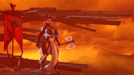 anthro axe belly big_breasts big_bulge big_penis big_tongue black_clothing breasts bulge clothing curvy_figure flag flag_(object) genitals glowing glowing_eyes gynomorph huge_penis humanoid_genitalia humanoid_penis hyper hyper_genitalia hyper_penis intersex legwear melee_weapon penis red_eyes solo sword thigh_highs tongue tongue_out weapon ok_bruh warfaremachine_(modeler) nintendo star_fox miyu_(star_fox) warfare_miyu 16:9 3d_(artwork) digital_media_(artwork) hi_res source_filmmaker_(artwork) widescreen