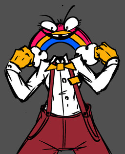 black_eyes blue_body blue_skin bottomwear brown_bottomwear brown_clothing brown_pants brown_suspenders button_(fastener) clothed clothed_female clothed_humanoid clothing eyelashes female female_humanoid fist floating_head for_a_head fully_clothed fully_clothed_female fully_clothed_humanoid grey_background looking_at_viewer multicolored_body multicolored_skin narrowed_eyes noseless not_furry open_mouth open_smile pants pink_body pink_skin red_bottomwear red_clothing red_pants simple_background smile solo standing suspenders teeth tooth_gap topwear white_button_(fastener) white_clothing white_sclera white_topwear yellow_body yellow_skin nanodude78 five_nights_at_freddy's five_nights_at_freddy's_world scottgames chica's_magic_rainbow_(character) humanoid light_creature living_rainbow 2024 digital_drawing_(artwork) digital_media_(artwork) hi_res