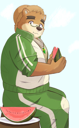 anthro bottomwear brown_body brown_fur clothing detailed_food eating eyewear food fruit fur glasses hat headgear headwear kemono male melon overweight overweight_anthro overweight_male pants plant shirt sitting solo straw_hat topwear watermelon watermelon_slice 9dtq0 lifewonders tokyo_afterschool_summoners volos_(tas) bear mammal 2021 absurd_res detailed hi_res