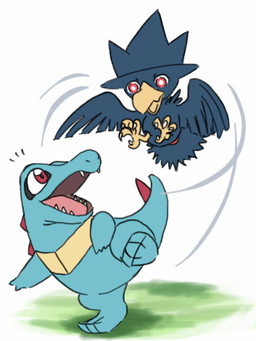 ambiguous_gender beak black_body black_feathers blue_body blue_skin duo feathers feral open_mouth red_eyes simple_background teeth tongue white_background alpacapala nintendo pokemon avian bird corvid generation_2_pokemon murkrow oscine passerine pokemon_(species) reptile scalie totodile 3:4