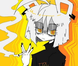 ahoge ambiguous_gender bear_ears bored cigarette cigarette_smoke clothing colored_nails ear_piercing ear_ring hair holding_cigarette holding_object makeup mascara nails piercing ring_piercing simple_background smoke solo sweater topwear white_body white_hair yellow_background yellow_eyes thisisjustatrest animal_humanoid humanoid colored