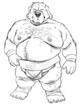 anthro asian_clothing belly big_belly bodily_fluids clothing east_asian_clothing humanoid_hands japanese_clothing kemono male mawashi moobs nipples obese overweight overweight_male simple_background solo sumo sumo_wrestler sweat white_background yamakake canid canine canis domestic_dog mammal 2023 monochrome