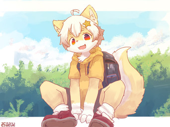 anthro backpack clothing footwear hoodie kemono looking_at_viewer male outside shoes sitting sneakers solo topwear young kirlecore canid canine mammal hi_res