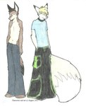 2001 anthro august_(artist) big_tail black_bottomwear black_clothing black_pants blonde_hair blue_clothing blue_shirt blue_t-shirt blue_topwear bottomwear brown_body brown_fur brown_hair canid canine clothed clothing colored_pencil_(artwork) dipstick_tail duo fully_clothed fur grey_bottomwear grey_clothing grey_pants hair hand_in_pocket hands_in_both_pockets looking_at_viewer male mammal markings navel pants plantigrade pockets rave_pants shirt short_hair simple_background snout standing t-shirt tail tail_markings topless topwear traditional_media_(artwork) white_background white_tail_tip yellow_body yellow_fur