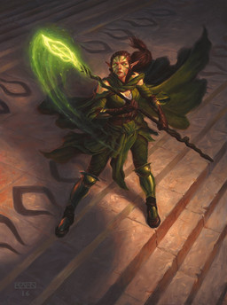 armor breasts brown_hair cape clothing female gloves green_cape green_clothing green_eyes hair handwear high-angle_view holding_object holding_staff humanoid_pointy_ears looking_at_viewer magic not_furry pointy_ears solo staff standing chris_rahn hasbro magic:_the_gathering wizards_of_the_coast nissa_revane elf humanoid 2016 hi_res official_art