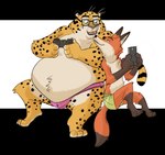 anthro baron_puddin_paws belly belly_tuft benjamin_clawhauser big_belly bulge canid canine cellphone cheek_tuft cheetah clothed clothing controller digital_media_(artwork) dipstick_tail disney duo electronics eye_contact eyewear facial_tuft felid feline fox full-length_portrait fur game_controller gaming glasses green_clothing green_eyes green_underwear hi_res holding_cellphone holding_controller holding_game_controller holding_object holding_phone holding_smartphone looking_at_another looking_at_partner male male/male mammal markings mostly_nude nick_wilde overweight overweight_anthro overweight_male phone pink_clothing pink_underwear playing_videogame portrait red_fox size_difference smartphone smile smirk spots spotted_body spotted_fur striped_markings striped_tail stripes tail tail_markings true_fox tuft underwear underwear_only whiskers zootopia