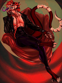 abs anthro biped bone bottomwear claws clothed clothed_anthro clothed_male clothing fangs finger_claws hacket hair long_tongue male male_anthro muscular pants pecs purple_tongue red_hair sharp_teeth solo tail teeth toe_claws tongue unusual_anatomy unusual_tail karmajack sergal 3:4 digital_drawing_(artwork) digital_media_(artwork) hi_res red_theme warm_colors