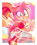 5_fingers accessory anthro boots clothing female fingers footwear gesture gloves green_eyes hair_accessory hairband hammer hand_gesture handwear micro_thighs piko_piko_hammer shoes smile solo thin_thighs tools v_sign drawntildawn sega sonic_the_hedgehog_(series) amy_rose eulipotyphlan hedgehog mammal hi_res signature