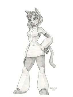 anthro breasts clothed clothed_anthro clothed_female clothing eyebrows eyewear eyewear_on_head female fur goggles goggles_on_head hair hand_on_hip pupils smile solo square_pupils tail whiskers baron_engel gameoverse glitch_productions kit_bodega domestic_cat felid feline felis mammal 2026 graphite_(artwork) greyscale hi_res monochrome traditional_media_(artwork)