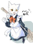 anthro apron clothed clothing crossdressing fur maid_uniform male ribbons solo text uniform white_body white_fur yellow_sclera yurari_yr white_cat_legend li_bing_(white_cat_legend) domestic_cat felid feline felis mammal 2020 hi_res japanese_text