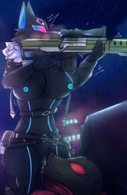 anthro anthro_on_anthro black_body blue_nipples bodily_fluids bottomless bottomless_female breasts breath clothed clothing cunnilingus dripping duo female fur_trim_(clothing) genital_fluids genitals gun hand_on_leg hand_on_thigh heart_eyes heart_symbol interspecies looking_at_another looking_at_partner looking_pleasured looking_up male male/female mostly_nude night nipples nude oral outside ranged_weapon red_eyes rifle sex shaking sniper standing surprise_sex surprised trembling vaginal vaginal_fluid_drip vaginal_fluids vulva weapon skshadowknight epic_games fortnite pack_leader_highwire thunder_(fortnite) canid canine canis lizard mammal reptile scalie wolf absurd_res hi_res