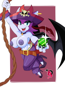 anthro areola bat_wings belt big_breasts black_eyeshadow black_nails black_nose black_wings blue_body blue_fur bottomwear breasts choker clothed clothing colored_nails cosplay crossover_cosplay cuffs_(clothing) ear_piercing eyeshadow female footwear front_view fur gem green_eyes hat headgear headwear high_heels holding_gem holding_object jewelry looking_at_viewer makeup membrane_(anatomy) membranous_wings nails navel necklace nipples open_mouth open_smile pants piercing pirate_hat purple_areola purple_background purple_body purple_bottomwear purple_clothing purple_footwear purple_fur purple_hat purple_headwear purple_high_heels purple_nipples purple_pants rope shoes simple_background smile solo swinging_on_rope thick_thighs topless white_background wide_hips wings 69lewddragon69 sega shantae_(series) sonic_the_hedgehog_(series) wayforward risky_boots rouge_the_bat bat mammal 3:4 absurd_res crossover hi_res