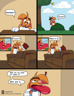 3_toes 4_fingers anthro big_tongue cartoon_gloves collar dialogue duo extreme_size_difference eyebrows feet fingers long_tongue macro male male/male micro open_mouth red_tongue size_difference text toes tongue toony vore_implied wide_tongue doggydog doggydog_(character) roderick_(tamerkoh) toon_doggydog_(doggydog) canid canine canis domestic_dog lagomorph leporid mammal rabbit absurd_res comic english_text hi_res url