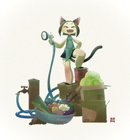 anthro black_tail bottomwear can clothed clothing container female food footwear front_view fur holding_hose hose pink_inner_ear plant shoes smile smiling_at_viewer solo standing tail teeth teeth_showing topwear vegetable white_body white_fur yellow_eyes fu_go_fu_go felid feline felis mammal hi_res