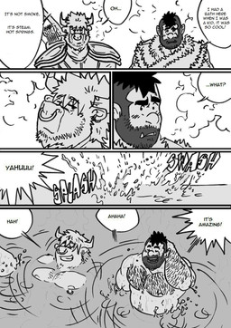 dialogue hairy male male/male nude text husky92 european_mythology greek_mythology mythology bovid bovine human humanoid mammal minotaur orc comic english_text greyscale hi_res monochrome multiple_scenes