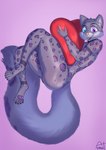 anthro biped blue_eyes butt claws clothing feet fur heart_symbol holding_object hug male nude open_mouth pawpads pink_eyes purple_body purple_fur purple_pawpads simple_background solo tail torso anawat amur_leopard felid leopard mammal pantherine absurd_res hi_res