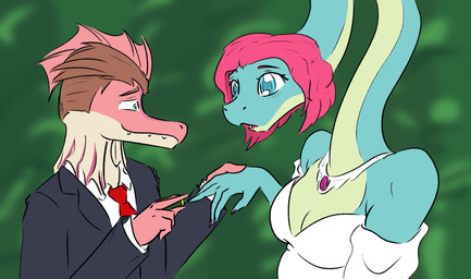anthro blue_eyes clothing digit_ring dress duo female green_body jewelry male male/female pink_body ring smile suit wedding_dress wedding_ring ollie_sketchess cavemanon_studios i_wani_hug_that_gator damien_payne liz_farlane brachiosaurid brachiosaurus dilophosaurid dilophosaurus dinosaur hybrid macronarian prehistoric_species reptile saurischian sauropod sauropodomorph scalie spinosaurid spinosaurus theropod hi_res