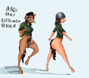 anthro backpack bodily_fluids bottomless clothed clothing duo female genitals gynomorph humanoid_genitalia humanoid_penis intersex iraq iraqi_army marching military military_uniform musky_balls musky_penis penis pubes smegma soldier sweat text uniform warrior juninhooficial iraq_war equid equine horse mammal pony absurd_res english_text hi_res
