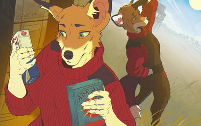 5_fingers anthro apocalypse blue_eyes box clothing container female female_focus fingers food gloves handwear holding_object juice_box light solo sun sunlight tail hitmore whisper_(gabrielofcreosha) black-backed_jackal canid canine canis jackal mammal 16:10 2020 digital_drawing_(artwork) digital_media_(artwork) signature widescreen
