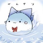 :3 blue_body dot_eyes female fur ice partially_submerged poof ribbons simple_background solo text water white_background white_body white_fur rebecca_(keinelove) nyoro~n touhou cirno fairy hakutaku 1:1 japanese_text low_res