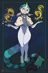 3_eyes ambiguous_gender anthro athletic athletic_anthro blue_border border bottomless capelet casual_nudity clothed clothing ear_piercing ears_down featureless_crotch flat_chested floating front_view fur green_hair green_tail hair horn horn_jewelry horn_ring jewelry long_ears long_tail looking_at_viewer magic markings multi_eye paws piercing pivoted_ears pose ring_(jewelry) short_hair simple_background slim small_waist solo standing star striped_markings striped_tail stripes tail tail_markings teeth white_body white_fur wide_hips balnurk mythology dragon eastern_dragon mythological_creature mythological_scalie scalie digital_media_(artwork) hi_res