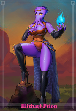 armwear black_armwear black_bridal_gauntlets black_clothing black_latex black_legwear black_thigh_highs breasts bridal_gauntlets clothed clothed_female clothed_humanoid clothing face_tentacles female footwear high_heels latex latex_armwear latex_bridal_gauntlets latex_clothing latex_legwear latex_thigh_highs legwear leotard magic magic_user orange_clothing orange_eyes orange_leotard purple_body purple_skin shoes solo tentacles text thigh_highs rainset dungeons_and_dragons hasbro wizards_of_the_coast cephalopod humanoid marine mind_flayer mollusk 2025 absurd_res english_text hi_res