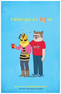 advertisement antennae_(anatomy) anthro beak blue_background boots border breasts clothed clothing container cup drunk duo eyelashes eyewear female footwear fully_clothed glasses male non-mammal_breasts shoes simple_background substance_intoxication text white_border wings unknown_artist sexual_violence_with_the_birds_and_the_bees the_birds_and_the_bees arthropod avian bee bird hymenopteran insect owl absurd_res english_text hi_res official_art