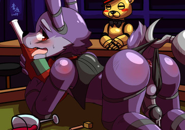 alcohol all_fours ambiguous_gender anthro anus assisted_exposure balls beverage biped black_clothing black_eyes black_jacket black_nose black_panties black_topwear black_underwear blue_eyes blush bodily_fluids body_blush bottle bow_(feature) bow_tie butt butt_blush cheek_tuft clothed clothing clothing_pull container cute_fangs detailed_background drunk duo erection eyebrows facial_tuft fangs fur furniture genital_fluids genitals hair head_tuft holding_object hook humanoid_genitalia humanoid_penis inside jacket looking_back machine male male/ambiguous markings metal_penis multicolored_body multicolored_ears multicolored_fur multicolored_tail nipples on_table open_mouth panties partially_clothed penis pink_pupils precum presenting presenting_hindquarters pupils purple_body purple_fur red_eyes skimpy substance_intoxication sweat table tail tail_markings tan_body tan_fur teeth thick_eyebrows tongue tongue_out topwear tuft two_tone_body two_tone_fur underwear underwear_pull whiskers white_body white_fur white_hair window wine young young_anthro young_male saku1saya five_nights_at_freddy's scottgames bonnie_(fnaf) foxy_(fnaf) golden_freddy_(fnaf) animatronic bear canid canine canis domestic_dog lagomorph leporid mammal rabbit robot 2015 watermark