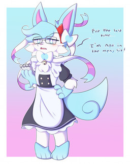 4_fingers annoyed anthro blue_eyes blush clothed clothing crossdressing eyewear fingers glasses hair holding_object maid_uniform male pupils short_hair solo standing tail text uniform wearing_glasses white_pupils appliei nintendo pokemon eeveelution generation_6_pokemon pokemon_(species) sylveon 2023 colored digital_drawing_(artwork) digital_media_(artwork) english_text hi_res shaded