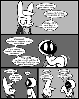 anthro blush cape clothed clothing coercion cross-popping_vein dialogue duo imminent_sex jacket kerchief long_sleeves looking_down looking_up male mouthless no_pupils open_clothing open_jacket open_topwear questionable_consent robe shirt speech_bubble text topwear ultilix leo_the_magician wes_(ultilix) humanoid lagomorph leporid mammal rabbit shadow_creature 2025 comic english_text monochrome multiple_scenes