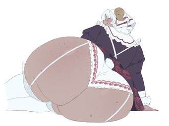2_horns anthro big_butt blush bodily_fluids brown_body brown_skin butt butt_focus clothed clothing dress eyes_closed female freckled_butt freckled_face freckles garter_straps hair headdress horn huge_butt huge_hips legwear looking_back lying mature_anthro mature_female monotone_background on_side panties rear_view simple_background solo stockings sweat sweaty_butt thick_thighs thigh_highs underwear white_background white_hair wide_hips oanju dahlia_(senjuu) bovid caprine mammal sheep absurd_res hi_res