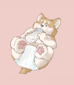 anthro baby_bottle beverage bottle brown_body brown_fur clean_diaper clothed clothing container diaper diaper_only drinking fur lying male neonate on_back pawpads paws pink_background pink_pawpads simple_background solo tan_body tan_fur topless wearing_diaper wetness_indicator young young_anthro young_male fluffypamps corey_(fluffypamps) canid canine canis domestic_dog herding_dog mammal pastoral_dog welsh_corgi hi_res
